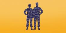 graphic of two soldiers in silhouette with words written across them